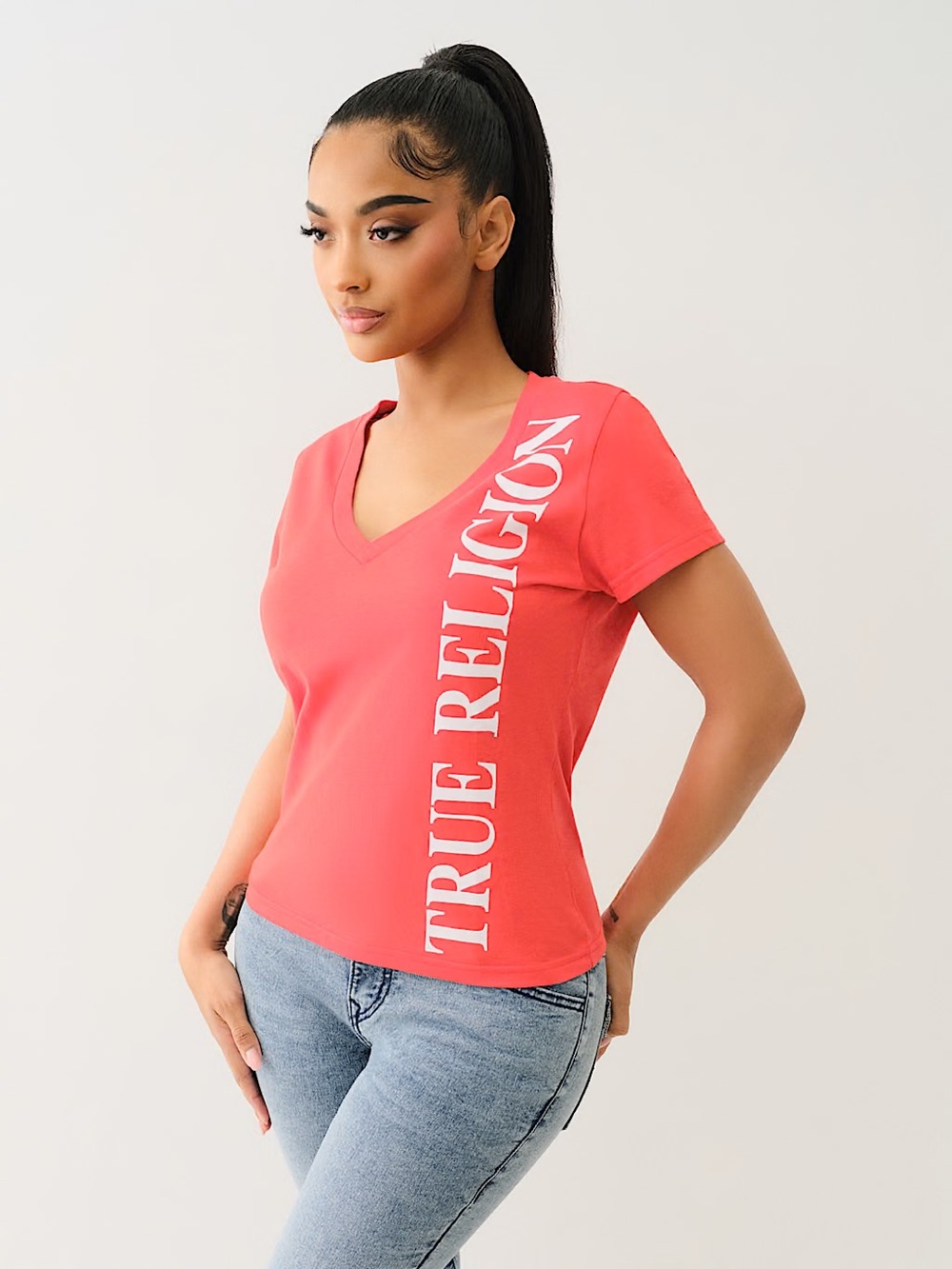 True Religion V-Neck tshirt Red Sparkle letters Large